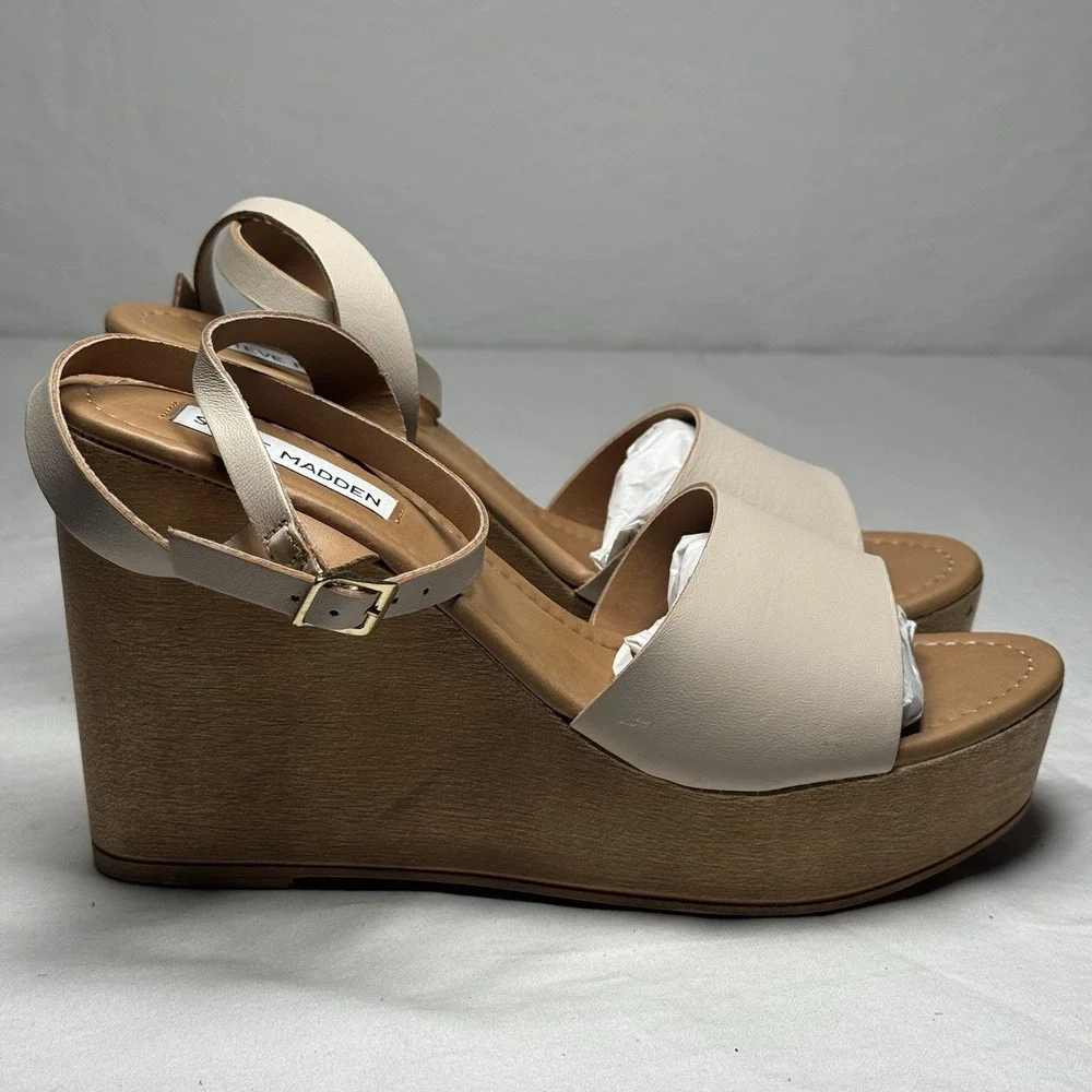 Steve Madden Welsh Leather Wedge Sandals Womens Size 9 Nude Platform Ankle Strap